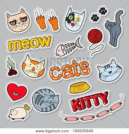 Funny Cats Doodle. Pets Stickers, Badges and Patches with Cat and Kitty. Vector illustration