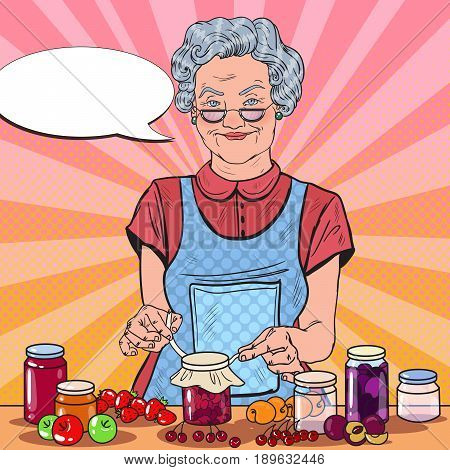 Pop Art Smiling Senior Woman Making Homemade Jam. Healthy Eating. Vector illustration