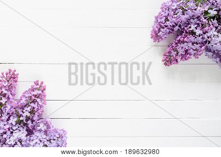 Lilac flowers floral background. Lilac flowers frame composition with copy space on vintage white wooden background.