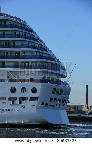 Velsen The Netherlands - May 30th 2017: Costa Mediterranea on North Sea Channel detail