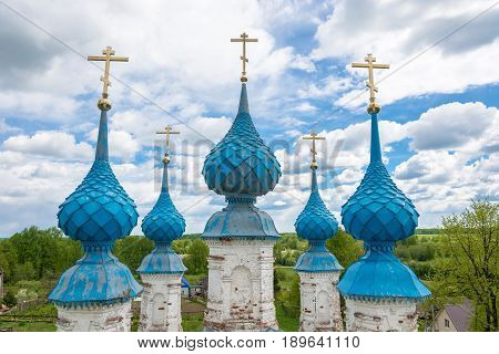 Beautiful panorama of the village of Mikhailovskoye from the bell tower of the Church of the Holy Archangel Michael and the bodiless hosts.