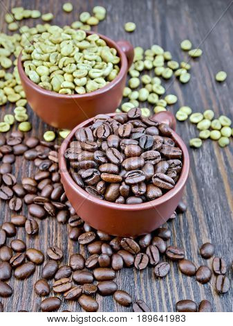 Coffee Black And Green Grains In Cups On Board