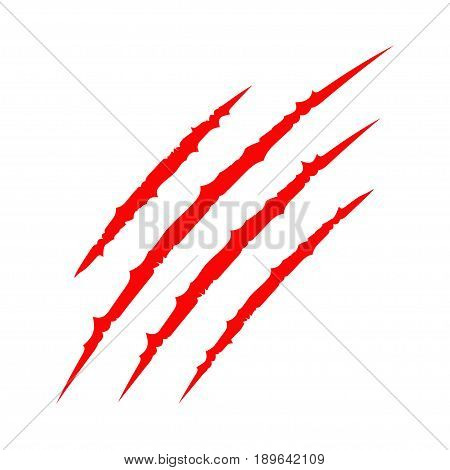Red bloody claws animal scratch scrape track. Cat tiger scratches paw. Four nails trace. Funny design element. Flat design. White background. Isolated. Vector illustration