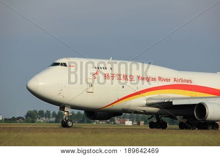 Amsterdam the Netherlands - June 2nd 2017: B-2432 Yangtze River Express Boeing 747 taking off from Polderbaan Runway Amsterdam Airport Schiphol