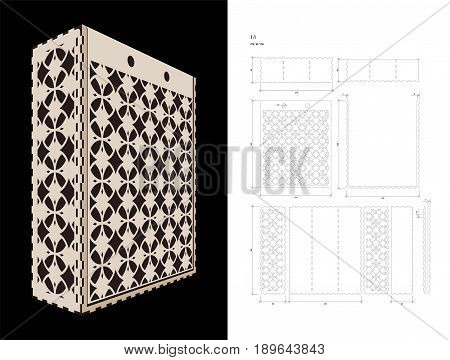 Cut out template for three bottles Wine gift slider Box or Wine Glasses Box (plywood 3 mm). Creative memory bottle pack with geometric design. Scheme is suitable for a laser cutting or printing