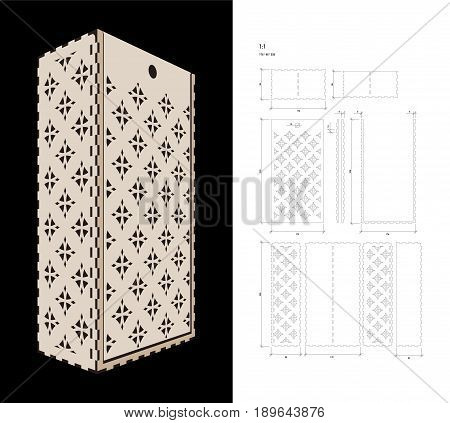 Cut out template for two bottles Wine gift slider Box or Wine  Glass Box (plywood 3 mm). Creative memory bottle pack with geometric design. Scheme is suitable for a laser cutting or printing