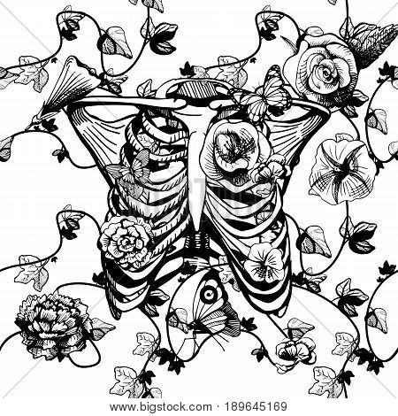 Vector illustration of a ribcage surrounded and covered with plants and flowers on white background. Ribs in black and white engraving style good for silk screen printing.