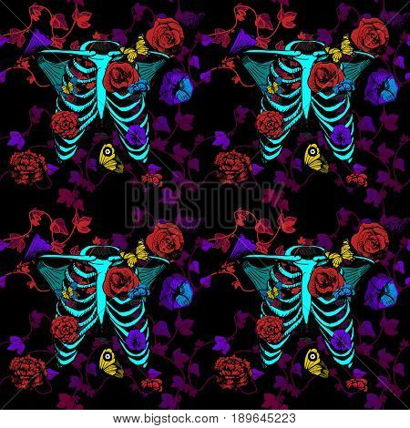 Vector illustration seamless pattern ribcage surrounded and covered with plants flowers and butterflies. Bright neon colors