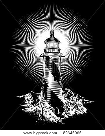 A vintage style lighthouse on rocks with rough waves in the background