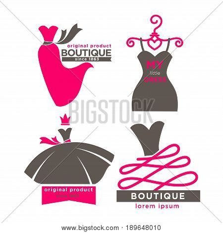 Modern fashion boutiques promotional logotypes set with grey and pink long, short or ball gowns flat vector illustrations on white background. Original product since 1863. My little dress label.