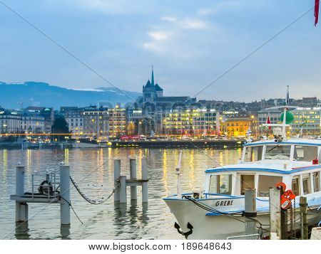 GENEVA, SWITZERLAND - DECEMBER 6, 2013: Lake Geneva and view of Geneva city, Switzerland