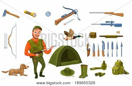 Hunter cartoon set with male character, dog, guns, hat, compass, tent, crossbow, bow, arrows, bullet, knife, spear, rubber boots, rucksack, flashlight vector illustration
