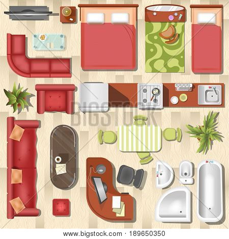 Apartment or flat furniture and interior layout top view. Vector home rooms of kitchen, toilet, bedroom and living room with sofa, table and chairs, bathtub or sink and armchair