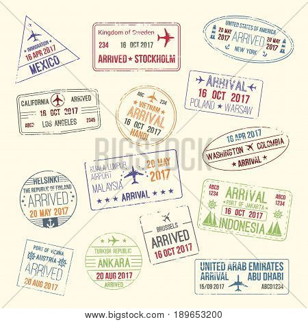 Passport travel stamps icons set with city names of Mexico, Stockholm and California or New York. Vector isolated symbols of country entry or arrival by airplane and stamped by migration officer
