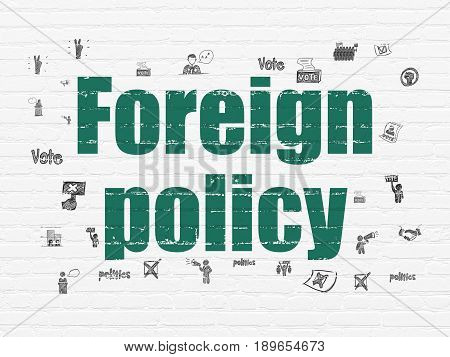 Political concept: Painted green text Foreign Policy on White Brick wall background with  Hand Drawn Politics Icons