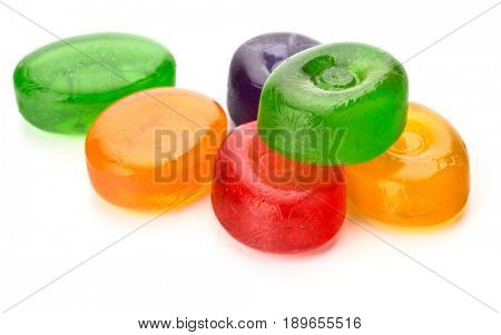 colorful fruit hard sugar candies,  boiled sweeties or sugar plums isolated on white background cutout