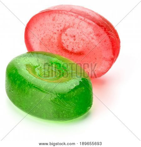 Two colorful fruit hard sugar candies,  boiled sweeties or sugar plums isolated on white background cutout