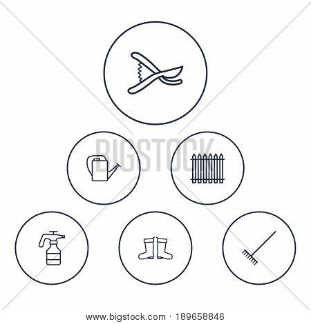 Set Of 6 Farm Outline Icons Set.Collection Of Bailer, Palisade, Atomizer And Other Elements.