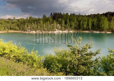 Chalk Quarry Filled With Water In Belarus.