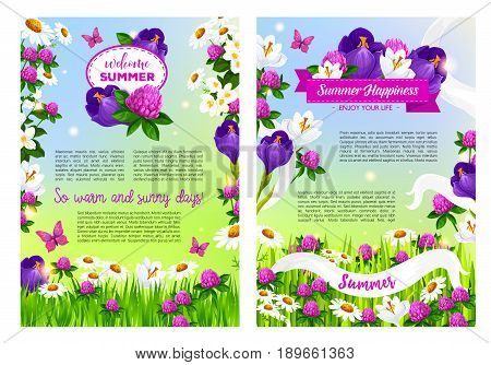 Welcome Summer posters set flowers bouquets and blooming summertime field of viola or iris blossoms, clover petals and daisy in flourish bloom, butterfly on summer grass meadow and flowery ribbons