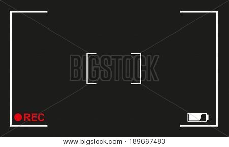Camera focus frame. Camera viewfinder background design with rec label and battery level. Vector illustration.