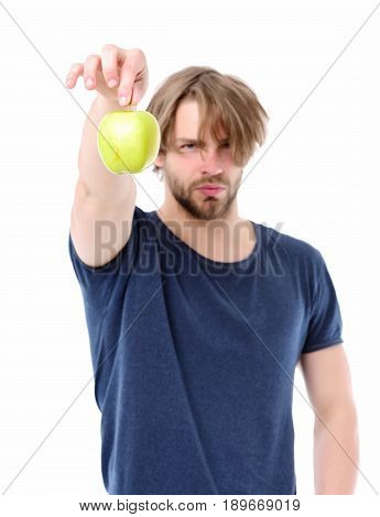 Man With Short Beard, Confident Face Expression Holding Apple Tail