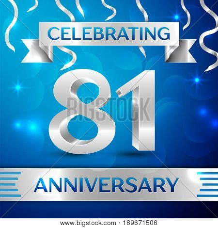 Eighty one Years Anniversary Celebration Design. Confetti and silver ribbon on blue background. Colorful Vector template elements for your birthday party. Anniversary ribbon