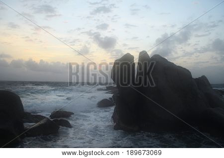 Beautiful views of large rocks in the ocean off the north shore of Aruba.