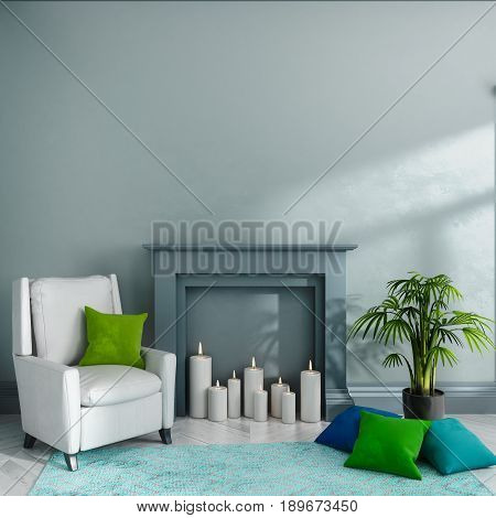 Empty room with gray wall, fireplace, candles, armchair, pillows, carpet and plant. Scandinavian interior. Mock up. 3d render illustration.