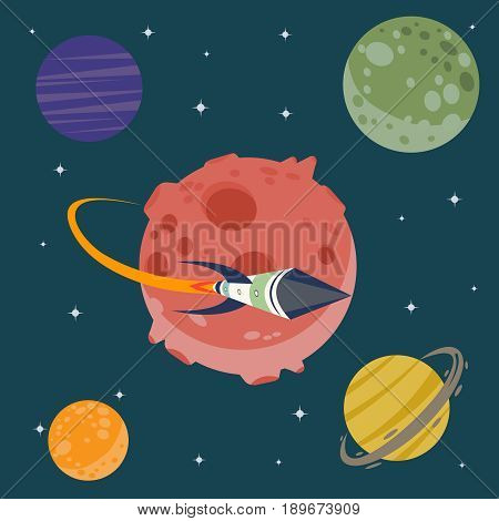 Set of huge universe infographic illustration. Outer space rocket flying up into the solar system with a lot of planets background