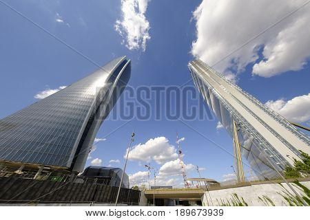 MILAN, ITALY - APRIL 17, 2017: Milan (Lombardy Italy): the skyscrapers known as Generali and Allianz Tower in the new Citylife area (Tre Torri).