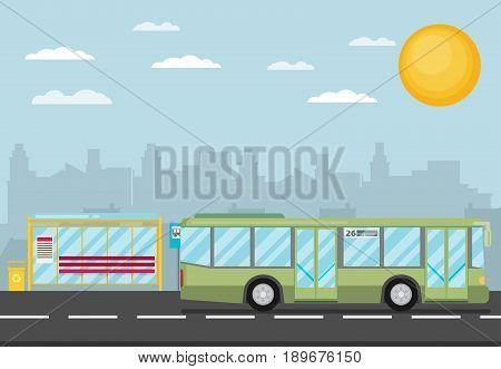 Vector Illustration Of Bus Stop With City Skyline And Bus. Flat Design Style.