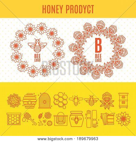 Set of icons on the theme of an apiary and beekeeping in a linear style. Two wreaths - a logo with flowers and bees. Tools for working with bees, beekeeping clothing, products.
