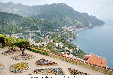 Amalfi coast panoramic view from Villa Rufolo in Ravello Italy
