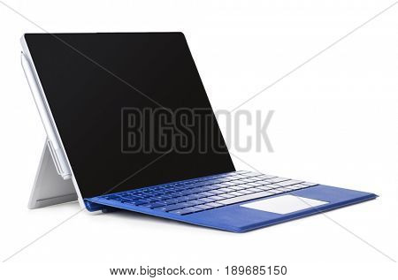 Convertible laptop computer with pen support and detachable keyboard isolated on white background