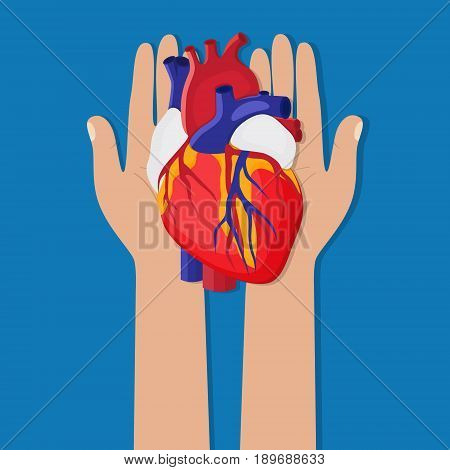 Blood bag and hand of donor. Blood donation day concept. Human donates blood. Vector illustration in flat style.