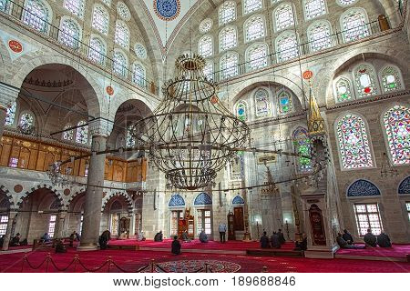 ISTANBUL TURKEY - APRIL 30 2017: Detail of interior of Mihrimah Sultan Mosque in the area Edirnekapi Istanbul's historic centre