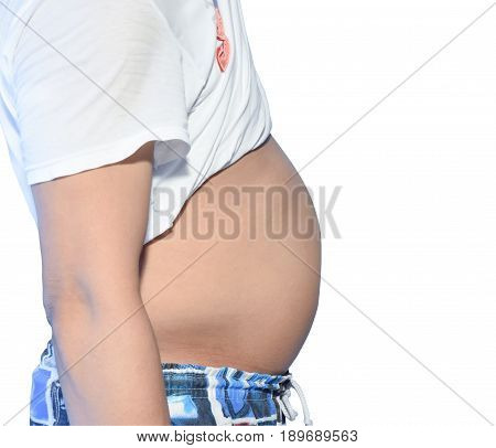 Side view of fat man body to show his big belly.