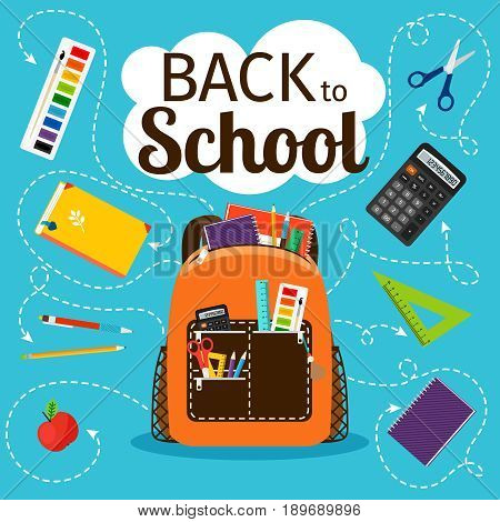 Back to school poster. Kids school backpack with education equipment vector illustration