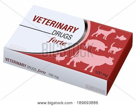 Veterinary drugs fake box - symbol for medical abuse of pets, animals, livestock. Isolated vector illustration on white background.