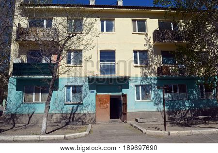 Typical residenial buildigs of 1960-th.Former Soviet anti-ballistic missile testing range Sary Shagan.Adress at Soviet time - Priozersk,st. Soviet 2.May 11, 2017.Priozersk.Kazakhstan