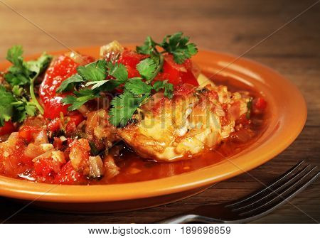 Hot a dish of ethnic cuisine of Georgia prepared from chicken meat : Chahochbilli