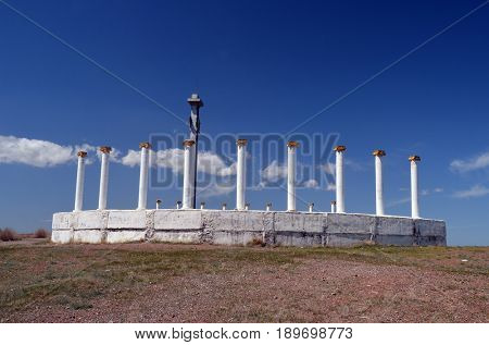 White colonnade in Priozersk city (former Soviet anti-ballistic missile testing range Sary Shagan), Kazakhstan.Lake Balkhash coast.Town decoration.May 6, 2017.Priozersk.Kazakhstan