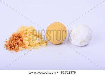 Three steps of making Kuih Makmur ball biscuits for Aidilfitri festive season.