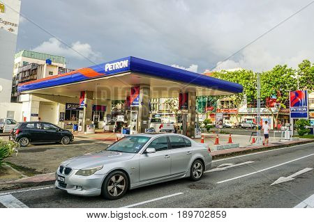 Kota Kinabalu,Sabah-May 28,2017: PETRON gas station in Kota Kinabalu, Sabah, Malaysia. Petron acquired in 2011 Esso Malaysia's Port Dickson refinery & fuel retail network in Malaysia