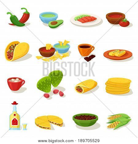 Mexican food traditional menu icon set, delicious recipes to cook, authentic cuisine, festival meal. Vector flat style cartoon illustration isolated on white background