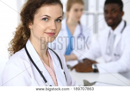 Medical doctor woman ready to help patients. Medicine and health care, insurance concept.