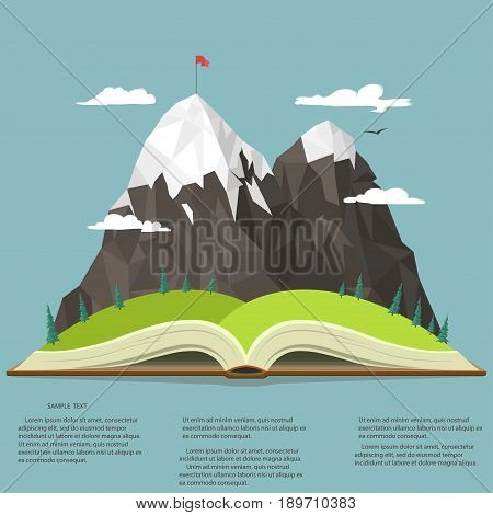 Nature landscape in opened book, mountain peak, business leadership graphics, outdoor traveling illustration, summertime adventure. Vector