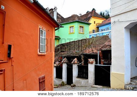 Urban Landscape In The Downtown Of The Medieval City Sighisoara, Transylvania