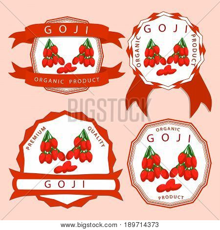 Vector illustration logo for whole ripe fruit red goji cut half sliced garnet berry background close-up.Goji drawing consisting of tag label natural sweet food.Eat fresh raw organic berries gojis.